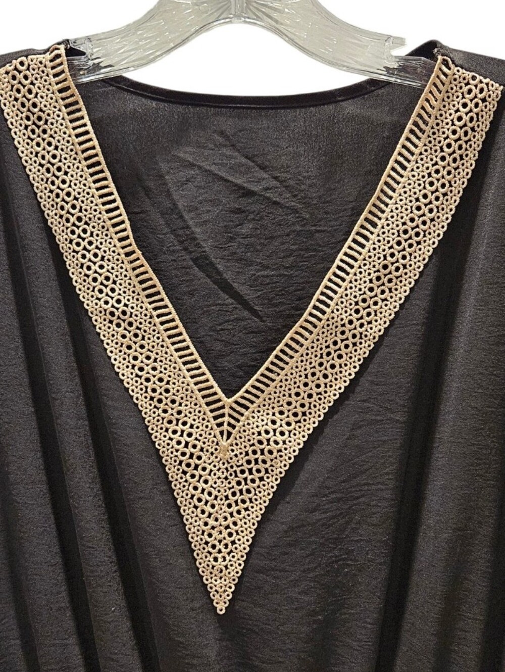 SHEIN Women's XL Black Boho Babydoll Dress with Cream Crochet V-Neck and S/S - Picture 4 of 11